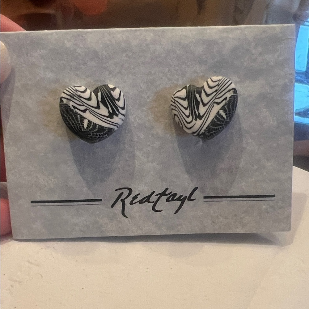 Black and White Handmade Heart Clipon Earrings by Redtayl